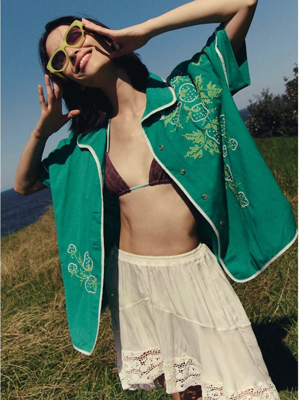 We The Free Emerald Green Embroidered Button-Front Shirt